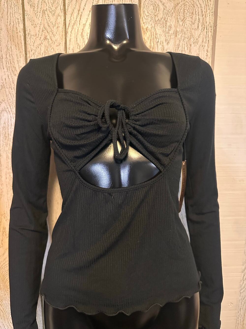 Y2K-Style Black Long Sleeve Cut Out Top with Tie Front New with tag!!! Size XL